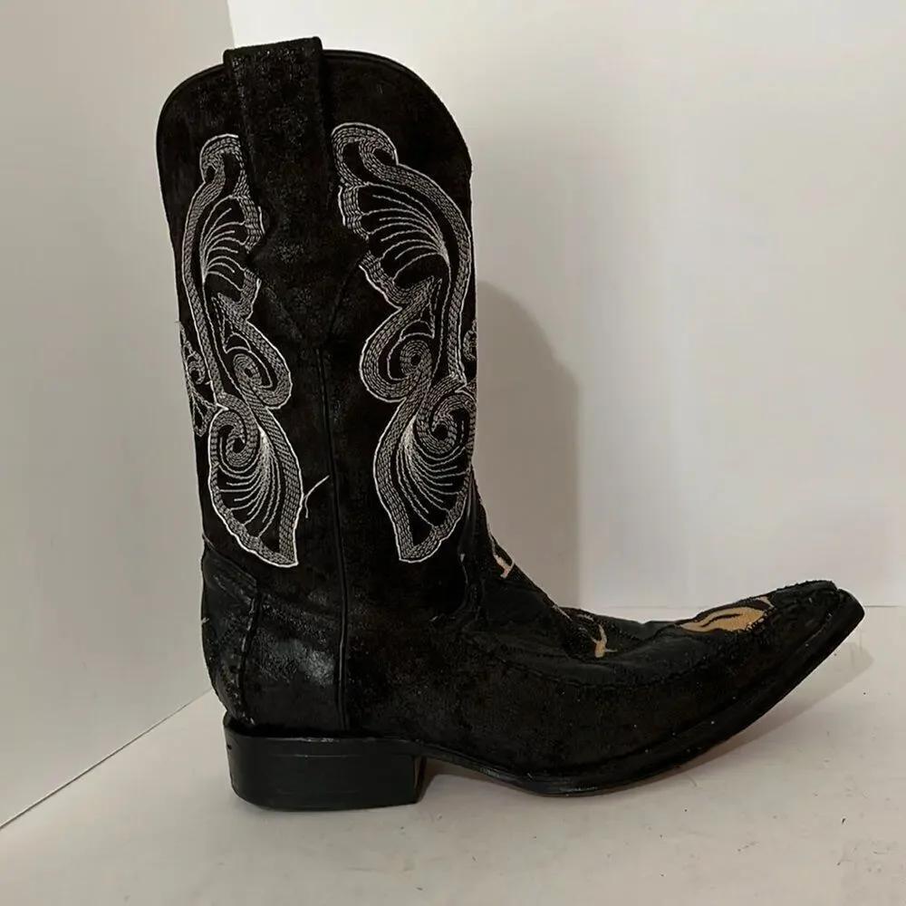 Olvera  Made in Mexico Black Leather Boots With White Butterfly Embroidery 6.5